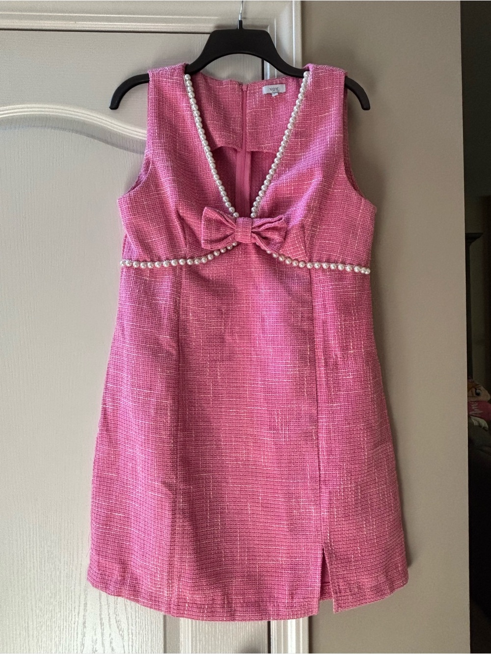 Self-Portrait Boucle Pink Tweed Pearl-Trim Sleeveless Dress with Bow large